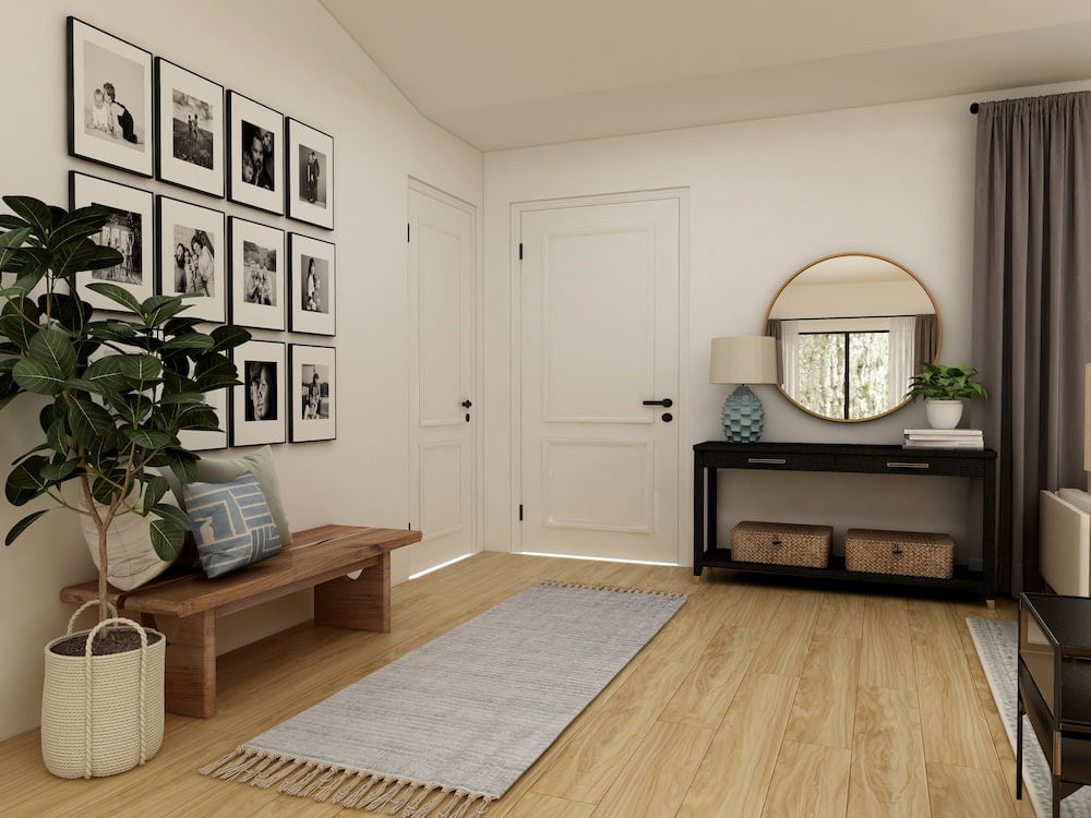 Dressing table, rug, and wooden flooring