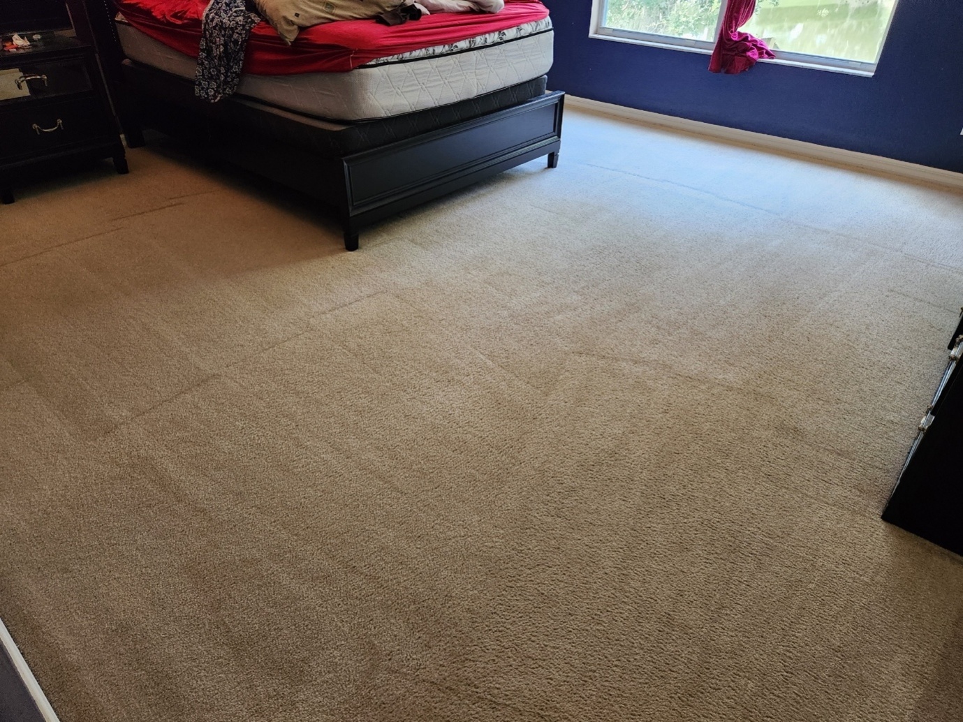 A bedroom after steam carpet cleaning