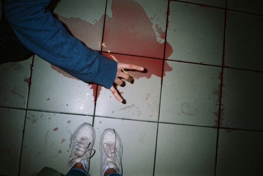 A person's hand reaching toward a pool of red liquid on the floor, with sneakers visible in the foreground.