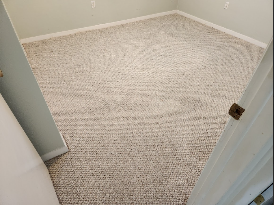 Clean carpeted room with furniture arranged.