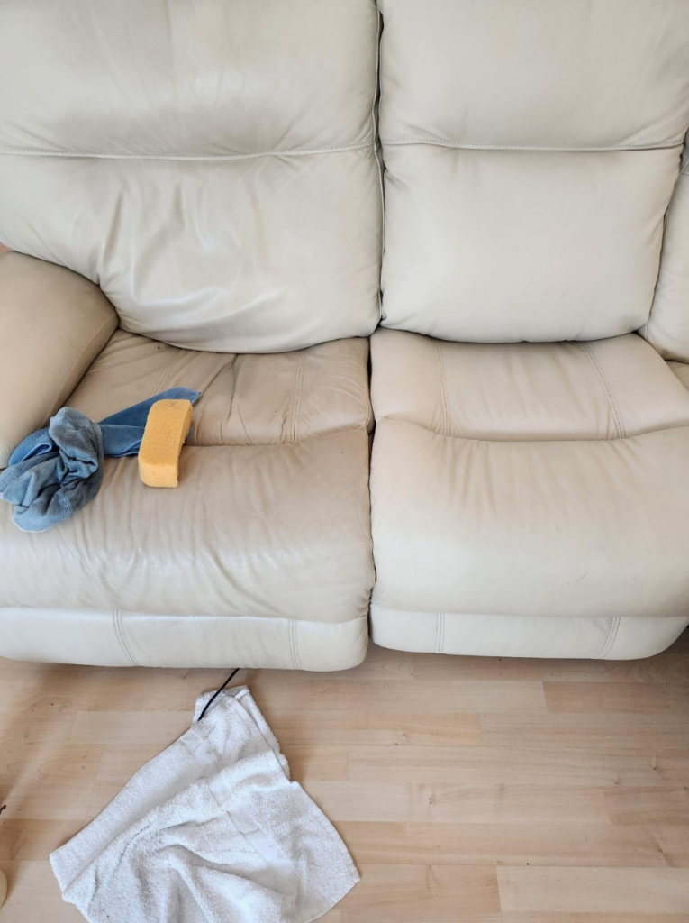 Before and after leather sofa cleaning showing restored color and cleanliness