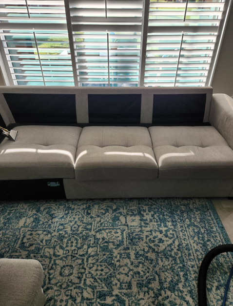 Clean sectional sofa positioned over freshly cleaned patterned area rug