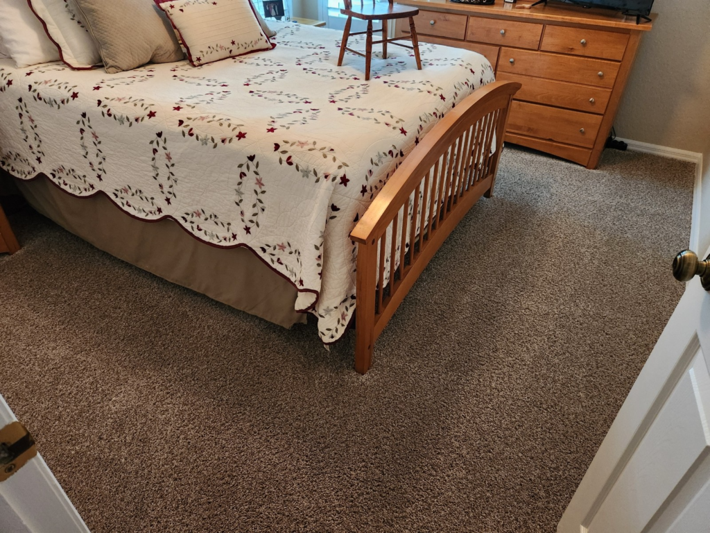 close-up of a carpeted floor inside a bedroom