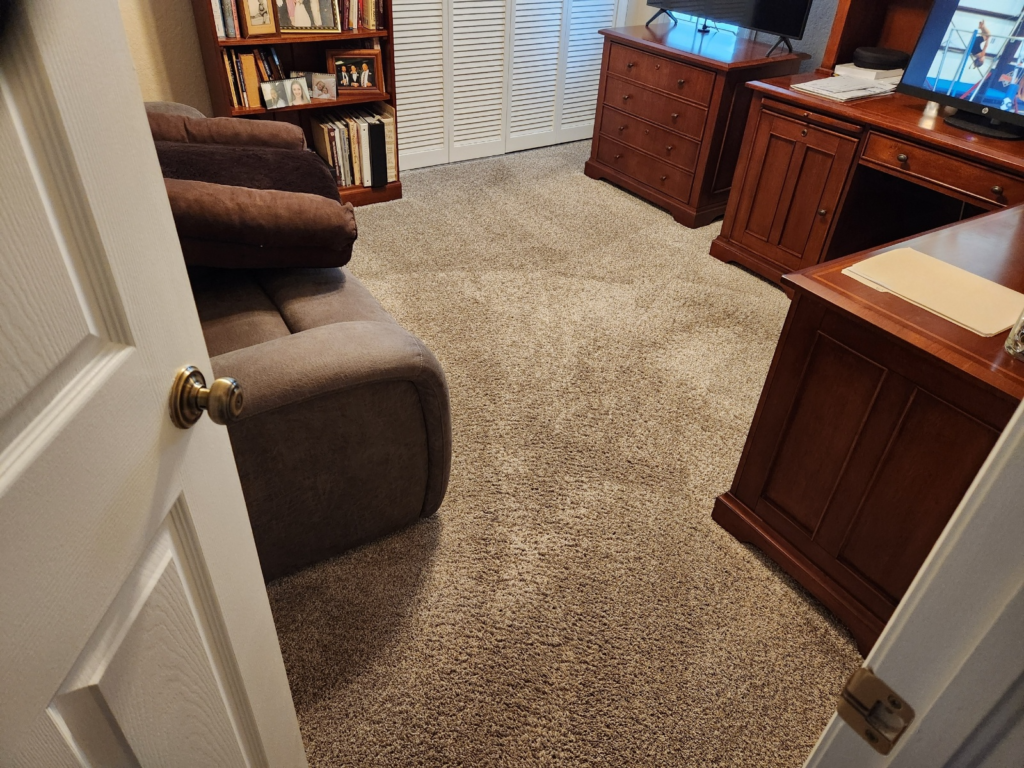 a personal study with carpeted flooring inside a house