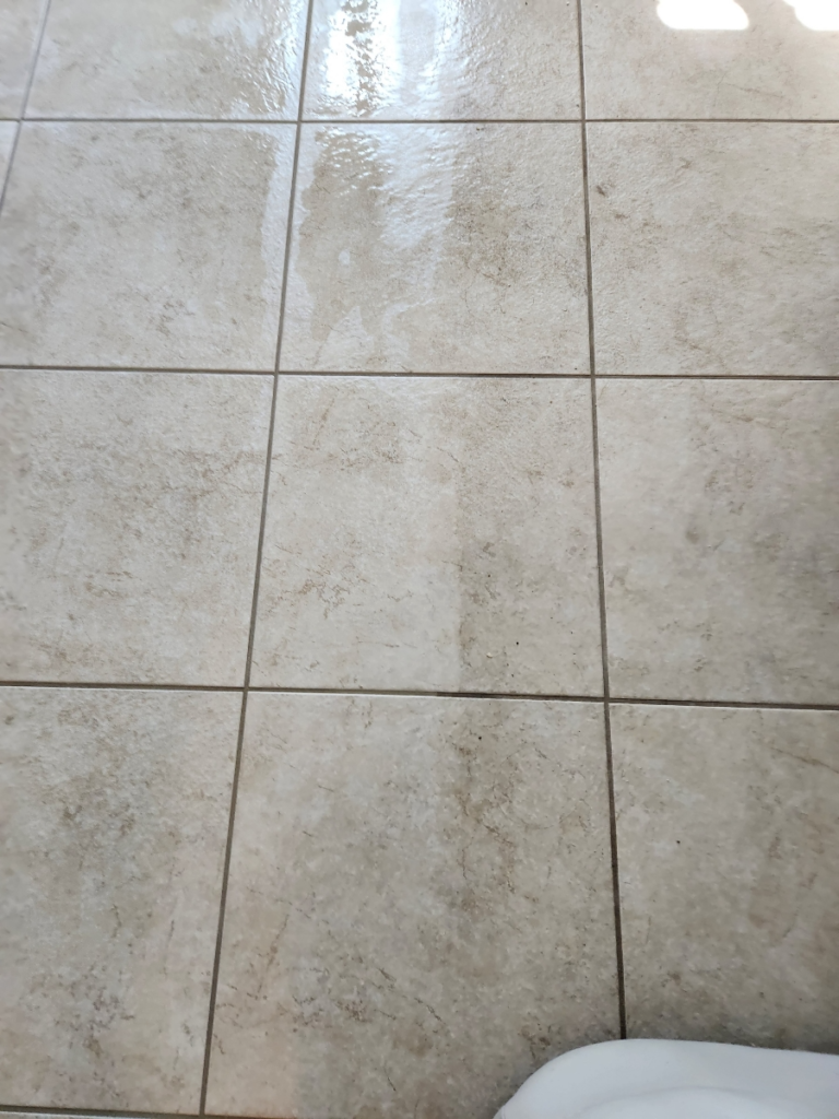 close-up of wet tiles in between the cleaning process