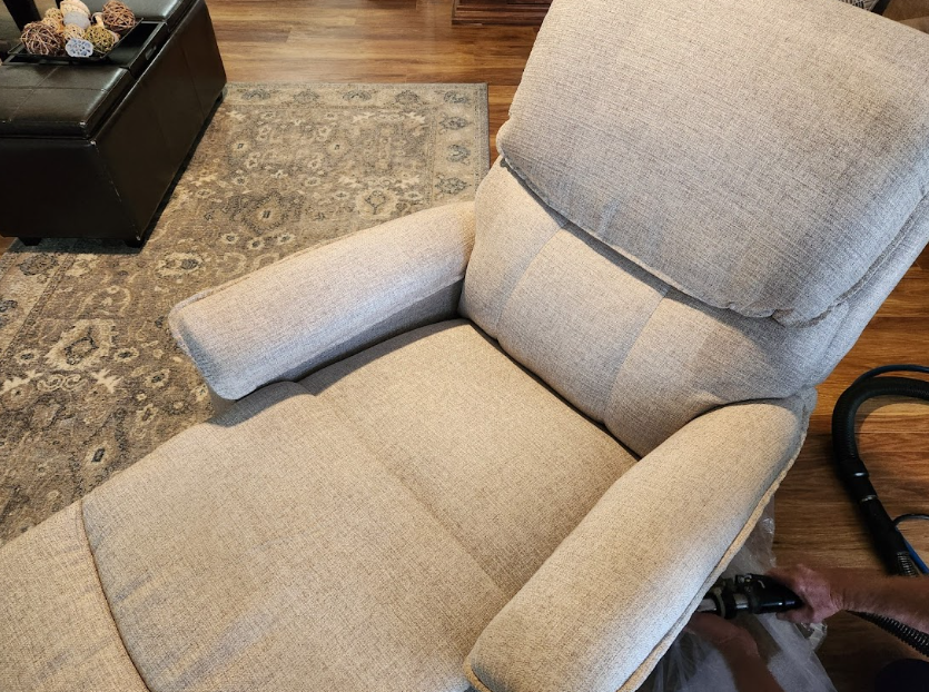 A recliner steam cleaned by Steambrite Cleaning Services.
