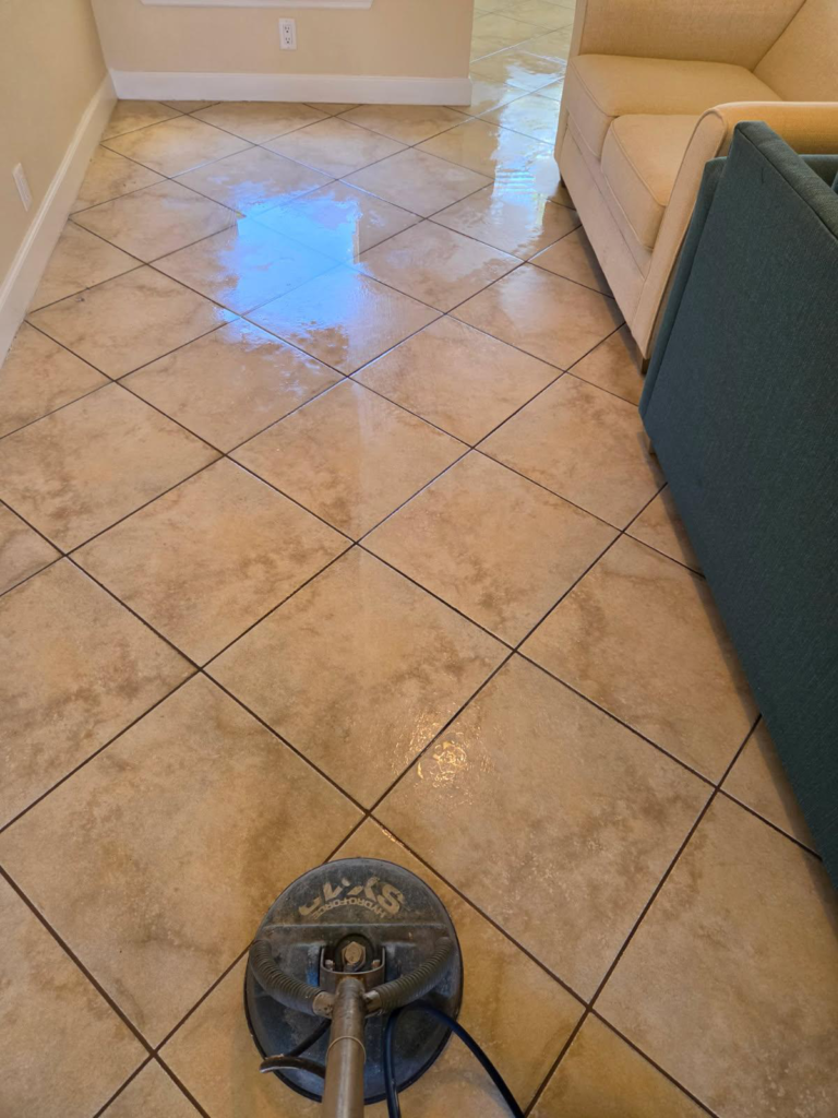 An image of tiles being cleaned